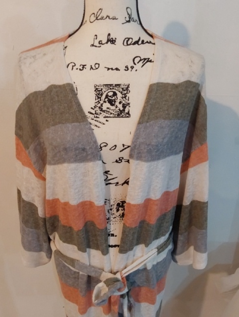 Easel|Striped Open Front Belted Cardigan Gray, Cream & Rust Lightweight Boho OS